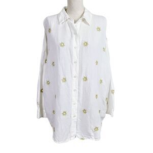 Anthropologie Top XS White Gold Linen Blend Embroidered Sun/Star Oversized Shirt